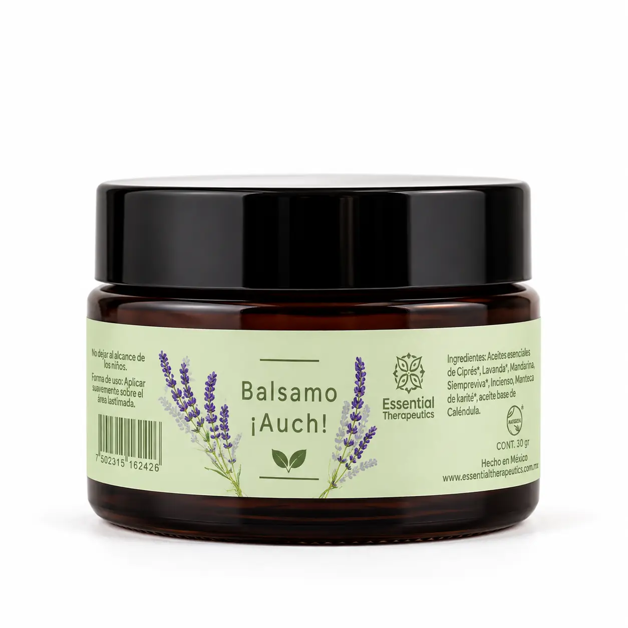 Bálsamo ¡Auch! de Essential Therapeutics de 30 g en frasco de vidrio ámbar con etiqueta verde claro y lavanda.