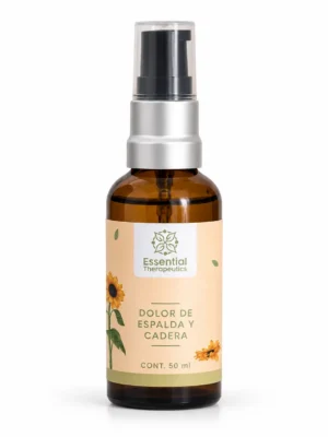 Aceite Corporal Dolor de Espalda y Cadera de Essential Therapeutics de 50 ml en frasco ámbar con atomizador y etiqueta botánica.