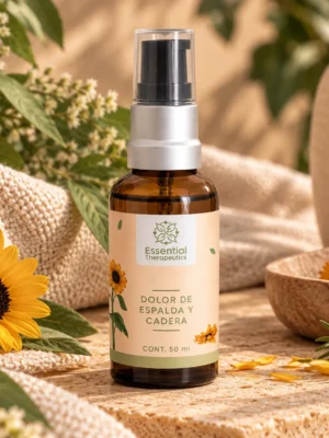 Aceite Corporal Dolor de Espalda y Cadera de Essential Therapeutics de 50 ml sobre piedra natural, acompañado de flores amarillas, hojas verdes y textiles beige.