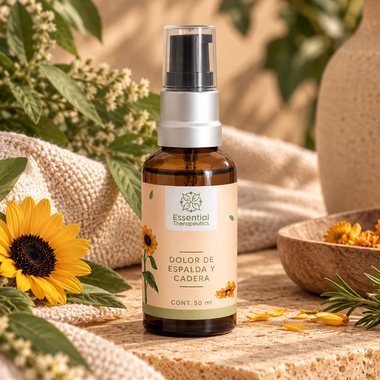 Aceite Corporal Dolor de Espalda y Cadera de Essential Therapeutics de 50 ml sobre piedra natural, acompañado de flores amarillas, hojas verdes y textiles beige.