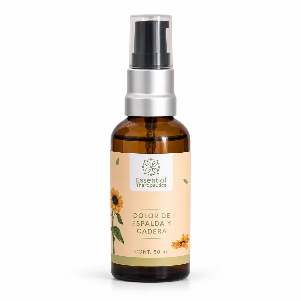 Aceite Corporal Dolor de Espalda y Cadera de Essential Therapeutics de 50 ml en frasco ámbar con atomizador y etiqueta botánica.