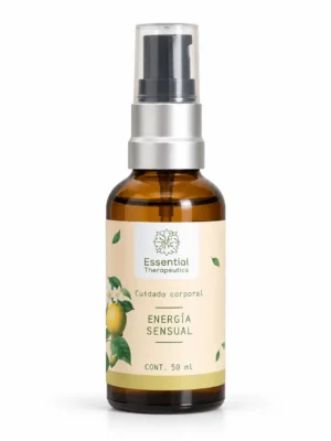 Aceite Corporal Energía Sensual de Essential Therapeutics de 50 ml en frasco ámbar con atomizador y etiqueta botánica color crema y verde.