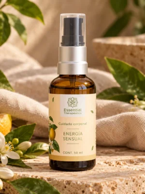 Aceite Corporal Energía Sensual de Essential Therapeutics de 50 ml ambientado con cítricos, flores blancas, hojas verdes y textiles naturales.
