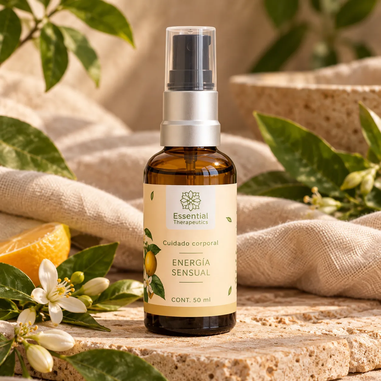 Aceite Corporal Energía Sensual de Essential Therapeutics de 50 ml ambientado con cítricos, flores blancas, hojas verdes y textiles naturales.