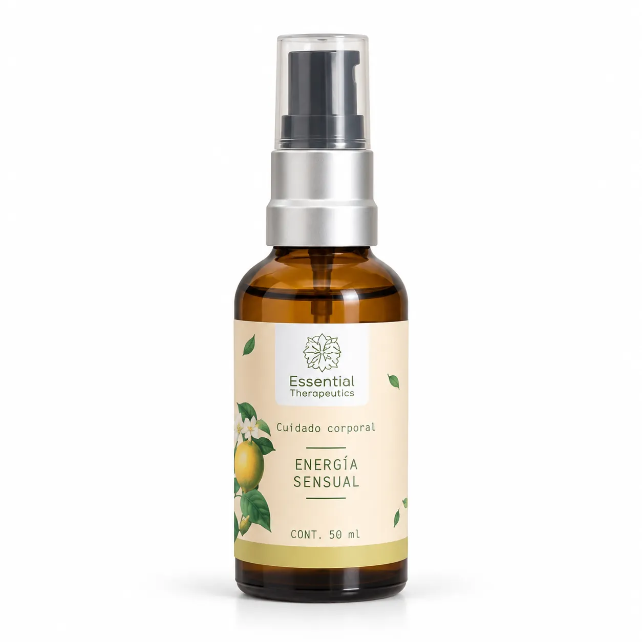 Aceite Corporal Energía Sensual de Essential Therapeutics de 50 ml en frasco ámbar con atomizador y etiqueta botánica color crema y verde.