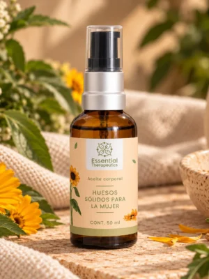 Aceite Corporal Huesos Sólidos para la Mujer de Essential Therapeutics de 50 ml ambientado con flores amarillas, hojas verdes y textiles naturales.