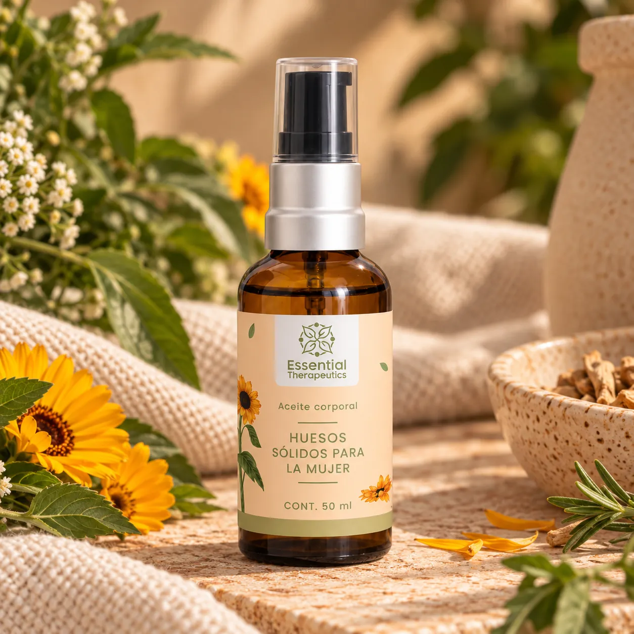 Aceite Corporal Huesos Sólidos para la Mujer de Essential Therapeutics de 50 ml ambientado con flores amarillas, hojas verdes y textiles naturales.