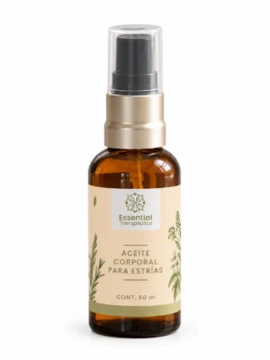 Aceite Corporal para Estrías de Essential Therapeutics de 50 ml en frasco ámbar con atomizador y etiqueta botánica.