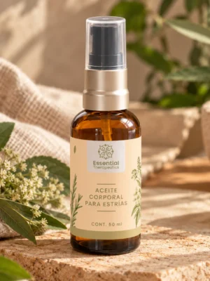 Aceite Corporal para Estrías de Essential Therapeutics de 50 ml sobre piedra natural, acompañado de textiles beige y vegetación.