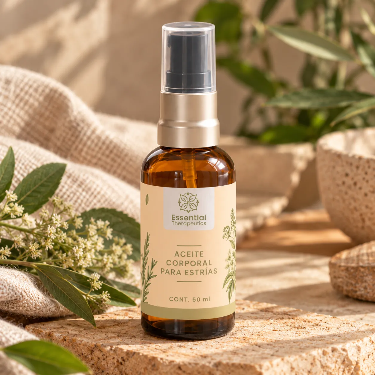 Aceite Corporal para Estrías de Essential Therapeutics de 50 ml sobre piedra natural, acompañado de textiles beige y vegetación.