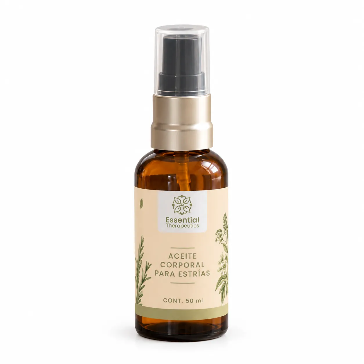 Aceite Corporal para Estrías de Essential Therapeutics de 50 ml en frasco ámbar con atomizador y etiqueta botánica.