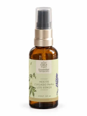 Aceite Cuidado para los Senos de Essential Therapeutics de 50 ml en frasco ámbar con atomizador y etiqueta botánica verde.