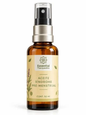 Aceite Síndrome Pre-Menstrual de Essential Therapeutics de 50 ml en frasco ámbar con atomizador plateado y etiqueta botánica color crema y verde.