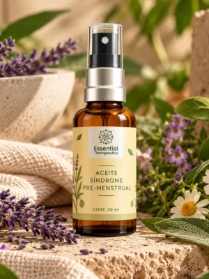 Aceite Síndrome Pre-Menstrual de Essential Therapeutics de 50 ml ambientado con lavanda, manzanilla, hojas verdes y textiles naturales sobre piedra.