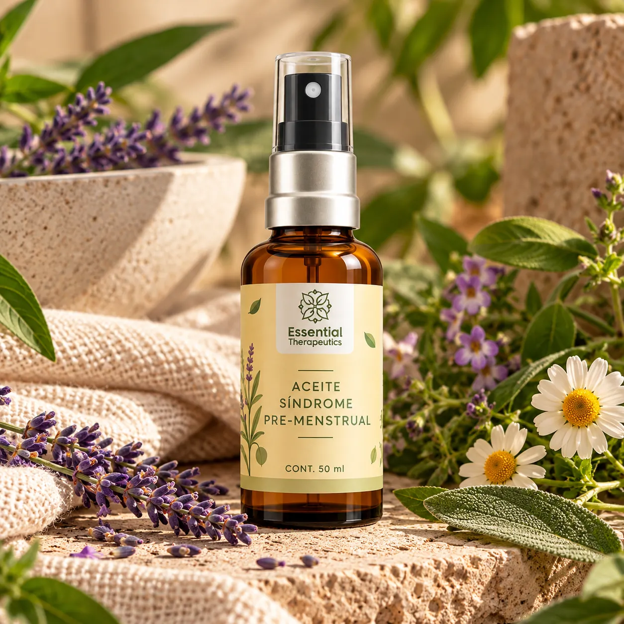 Aceite Síndrome Pre-Menstrual de Essential Therapeutics de 50 ml ambientado con lavanda, manzanilla, hojas verdes y textiles naturales sobre piedra.