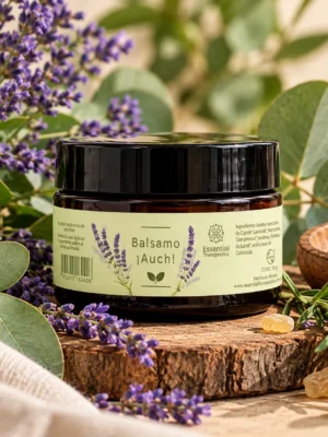 Bálsamo ¡Auch! de Essential Therapeutics de 30 g, rodeado de lavanda y hojas verdes sobre una base de madera.