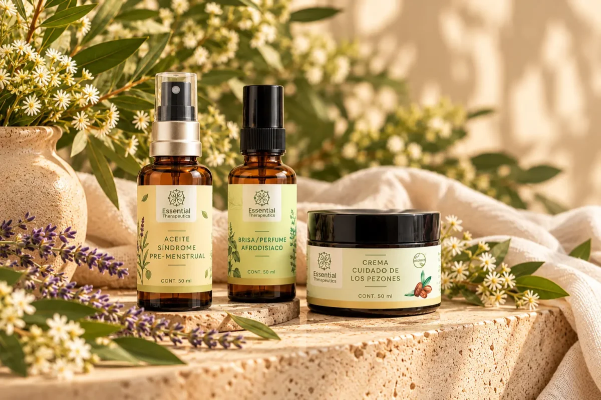Productos de cuidado femenino Essential Therapeutics con aceites corporales y crema en una composición botánica.