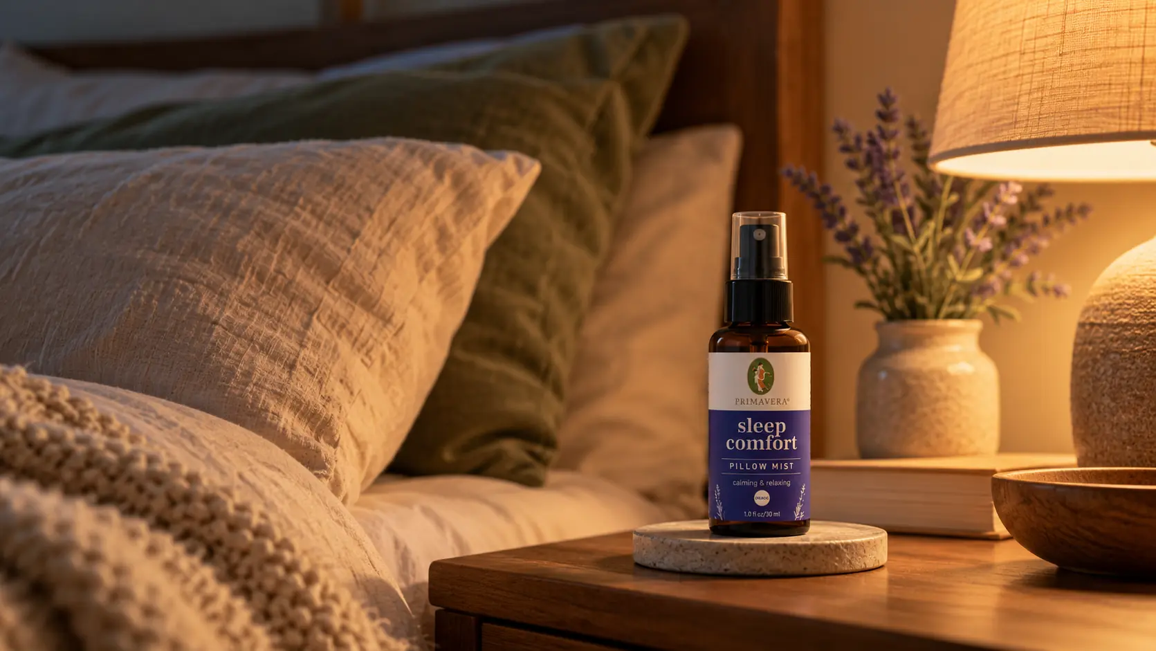 Brisa Bienestar para Dormir de Primavera Life sobre una mesa de noche en un dormitorio con luz cálida.