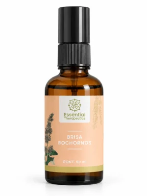 Brisa Bochornos de Essential Therapeutics de 50 ml en frasco ámbar con atomizador negro y etiqueta botánica color durazno.