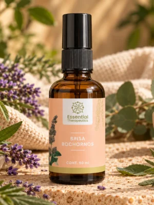 Brisa Bochornos de Essential Therapeutics de 50 ml ambientada con lavanda, hojas verdes y elementos naturales sobre piedra.