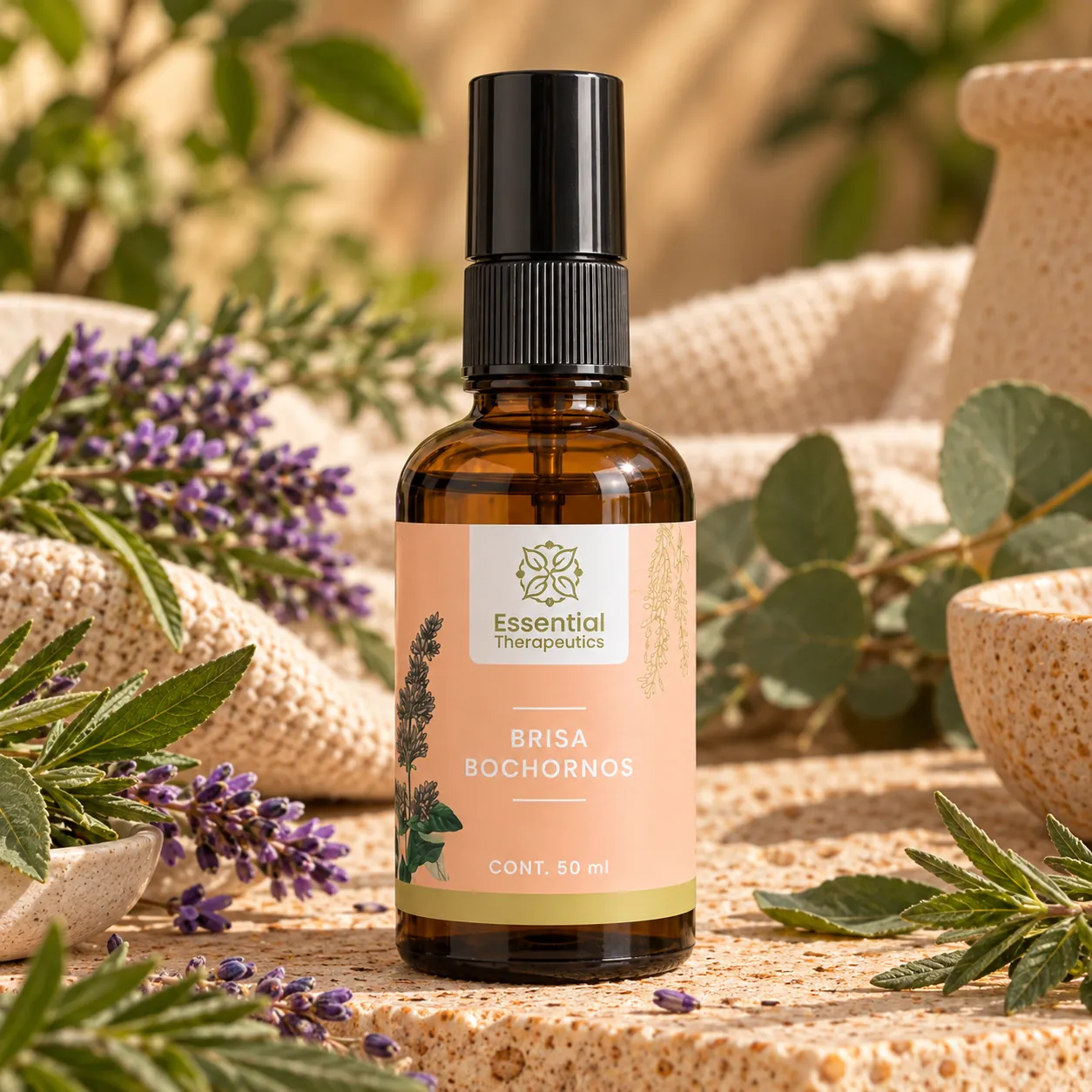 Brisa Bochornos de Essential Therapeutics de 50 ml ambientada con lavanda, hojas verdes y elementos naturales sobre piedra.