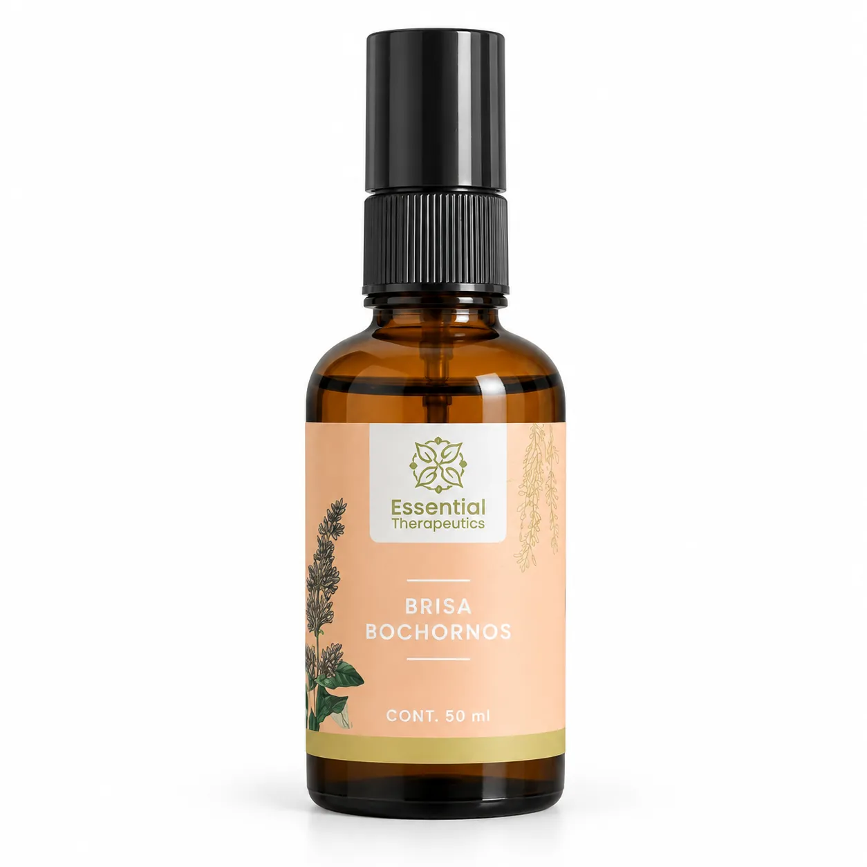 Brisa Bochornos de Essential Therapeutics de 50 ml en frasco ámbar con atomizador negro y etiqueta botánica color durazno.