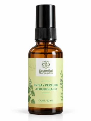Brisa Perfume Afrodisiaco de Essential Therapeutics de 50 ml en frasco ámbar con atomizador negro y etiqueta botánica verde.