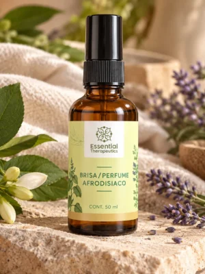 Brisa Perfume Afrodisiaco de Essential Therapeutics de 50 ml sobre piedra natural, acompañado de flores blancas, lavanda y hojas verdes.