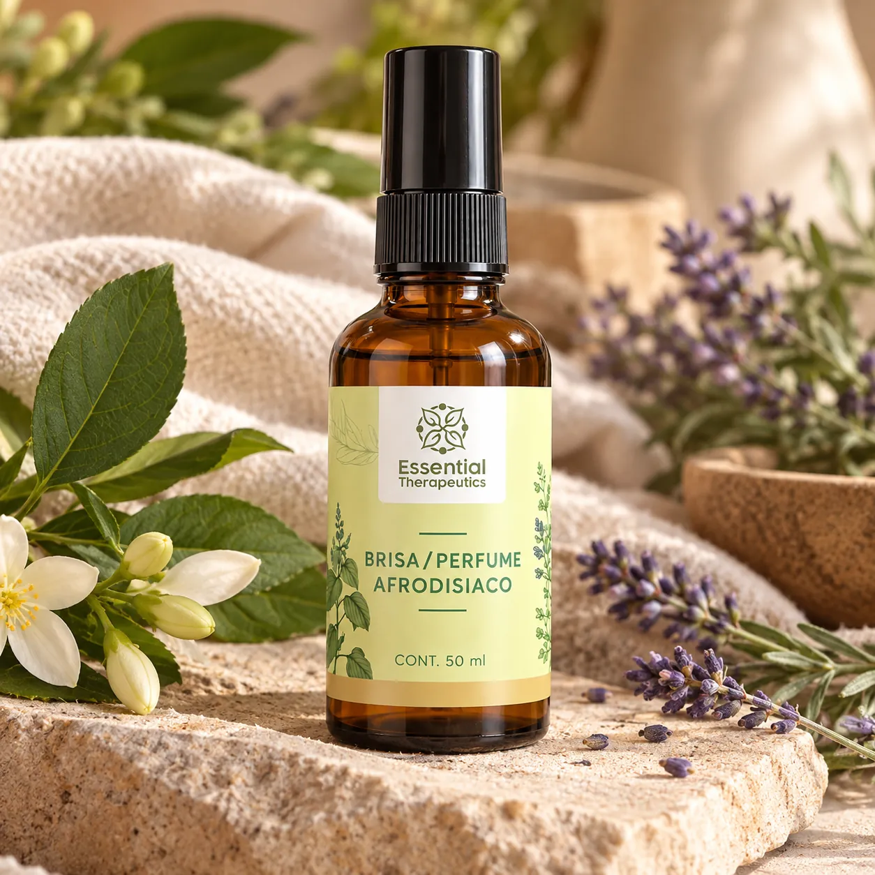 Brisa Perfume Afrodisiaco de Essential Therapeutics de 50 ml sobre piedra natural, acompañado de flores blancas, lavanda y hojas verdes.