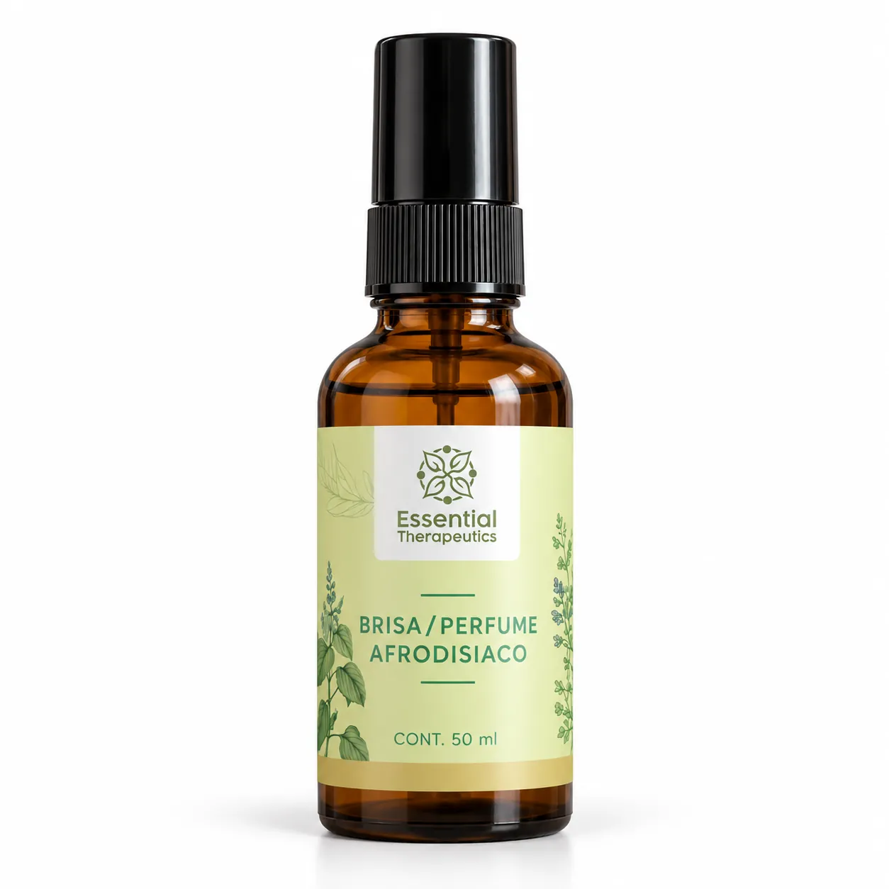 Brisa Perfume Afrodisiaco de Essential Therapeutics de 50 ml en frasco ámbar con atomizador negro y etiqueta botánica verde.