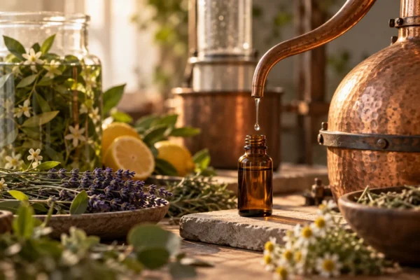 Alambique de cobre y plantas aromáticas durante la destilación de aceites esenciales.