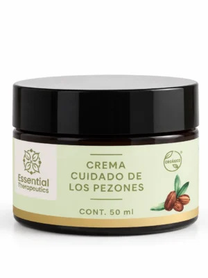 Crema Cuidado de los Pezones de Essential Therapeutics de 50 ml en frasco ámbar con tapa negra y etiqueta botánica verde.