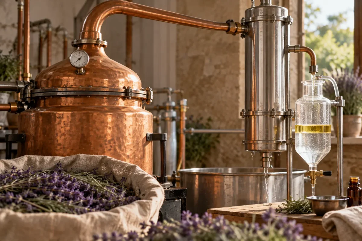 Equipo de destilación por arrastre de vapor con alambique de cobre, condensador y separador de aceite esencial e hidrolato.