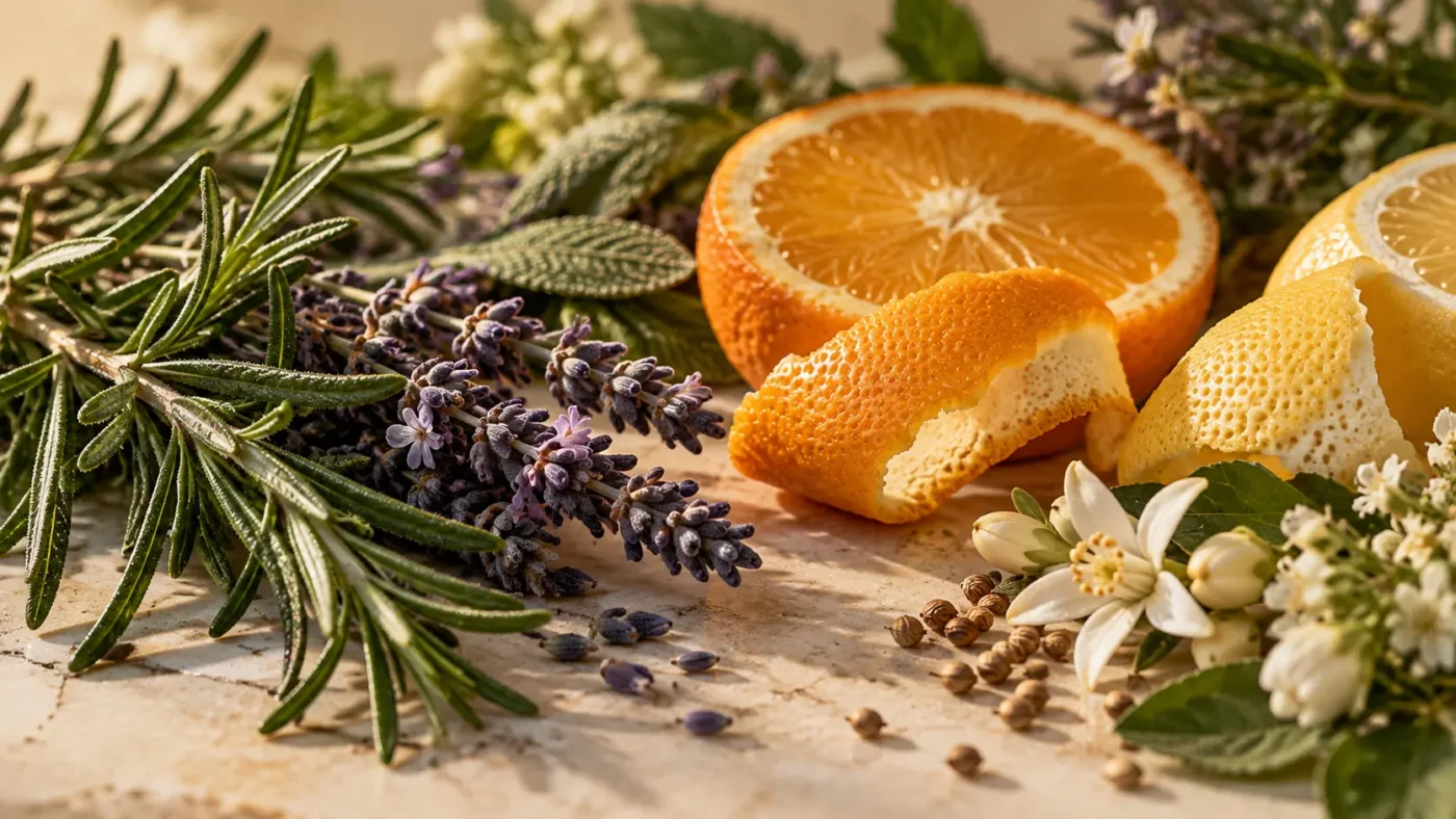 Romero, lavanda, flores aromáticas y cáscaras de naranja y limón sobre una superficie de piedra.
