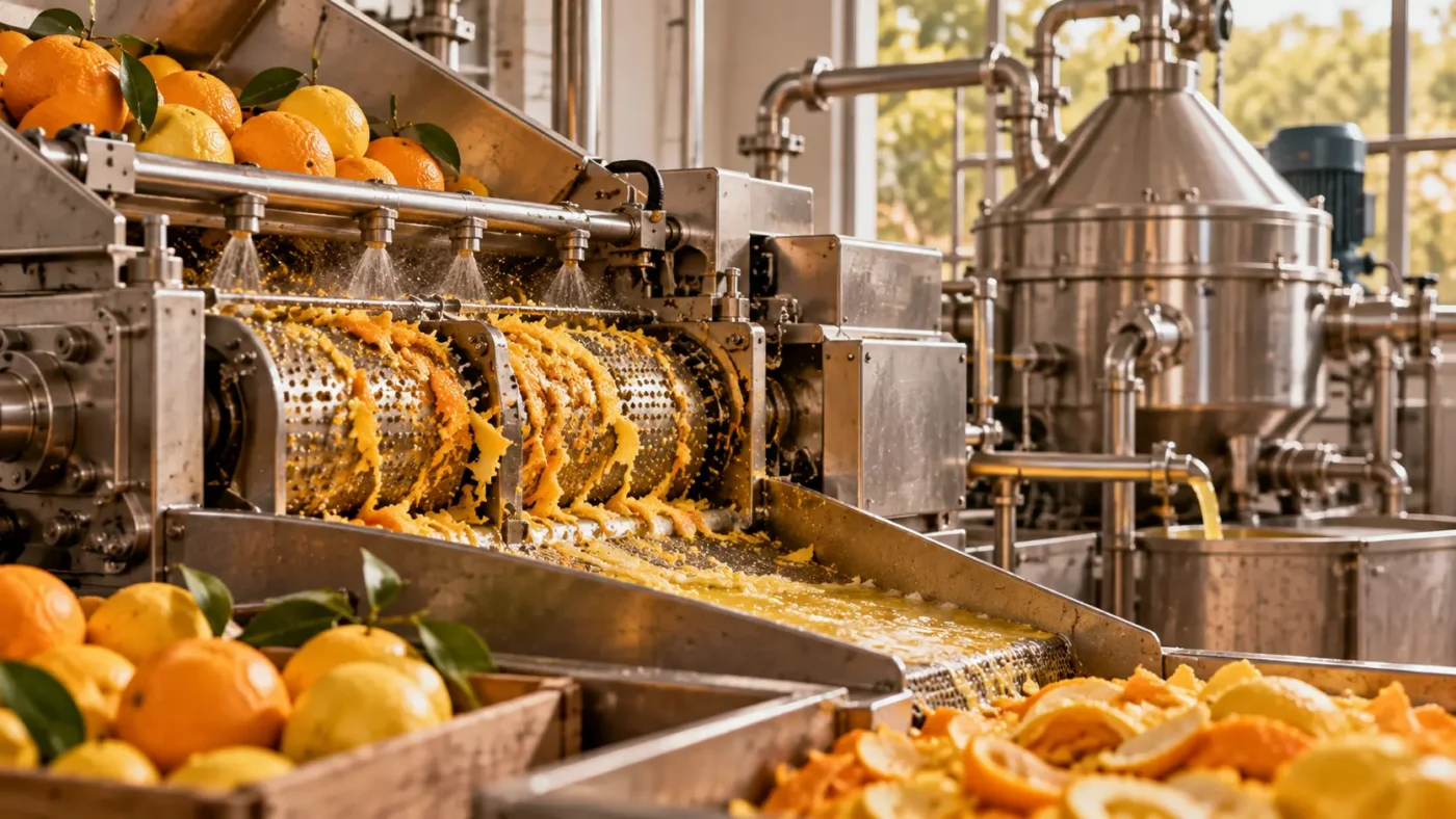 Rodillos mecánicos y sistema de lavado en una línea industrial de extracción de aceite esencial de cítricos.