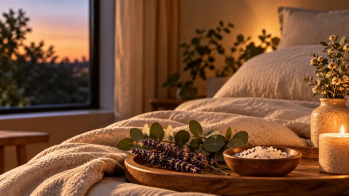 Dormitorio cálido al anochecer, con ropa de cama de lino, luz tenue y elementos naturales.