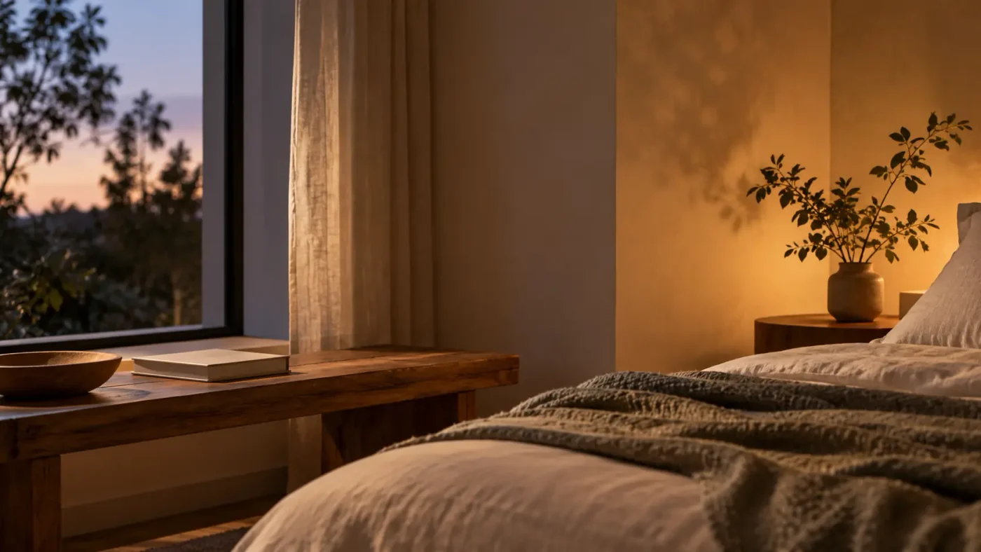 Dormitorio tranquilo al anochecer con luz cálida, ropa de cama de lino y una ventana con luz de atardecer.