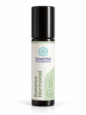 Roll On Balance Hormonal de Essential Therapeutics de 10 ml en frasco oscuro con tapa negra y etiqueta blanca y verde salvia.