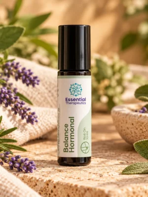 Roll On Balance Hormonal de Essential Therapeutics de 10 ml ambientado con lavanda, hojas verdes y textiles naturales sobre piedra.
