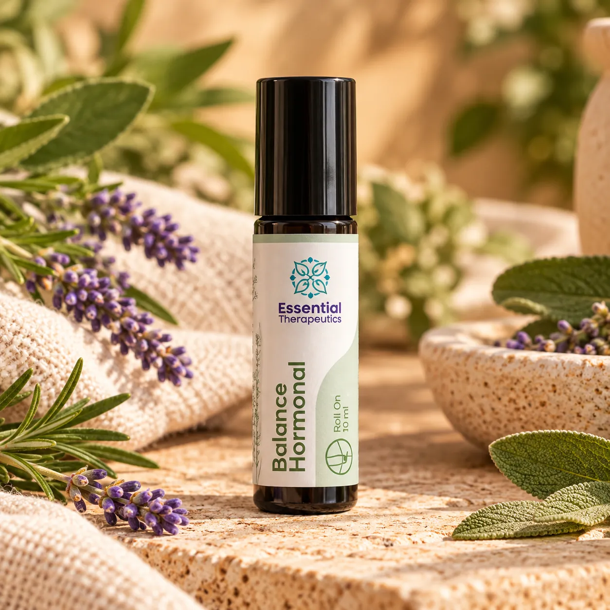 Roll On Balance Hormonal de Essential Therapeutics de 10 ml ambientado con lavanda, hojas verdes y textiles naturales sobre piedra.