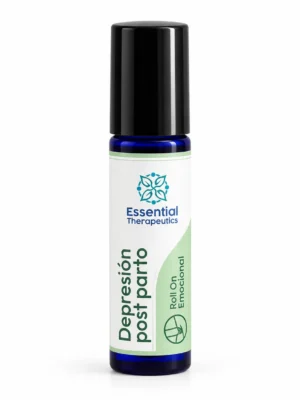 Roll On Emocional Depresión Post Parto de Essential Therapeutics en frasco de vidrio azul con tapa negra y etiqueta blanca y verde.