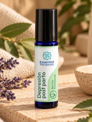 Roll On Emocional Depresión Post Parto de Essential Therapeutics en frasco azul, ambientado con lavanda, hojas verdes y piedra natural.
