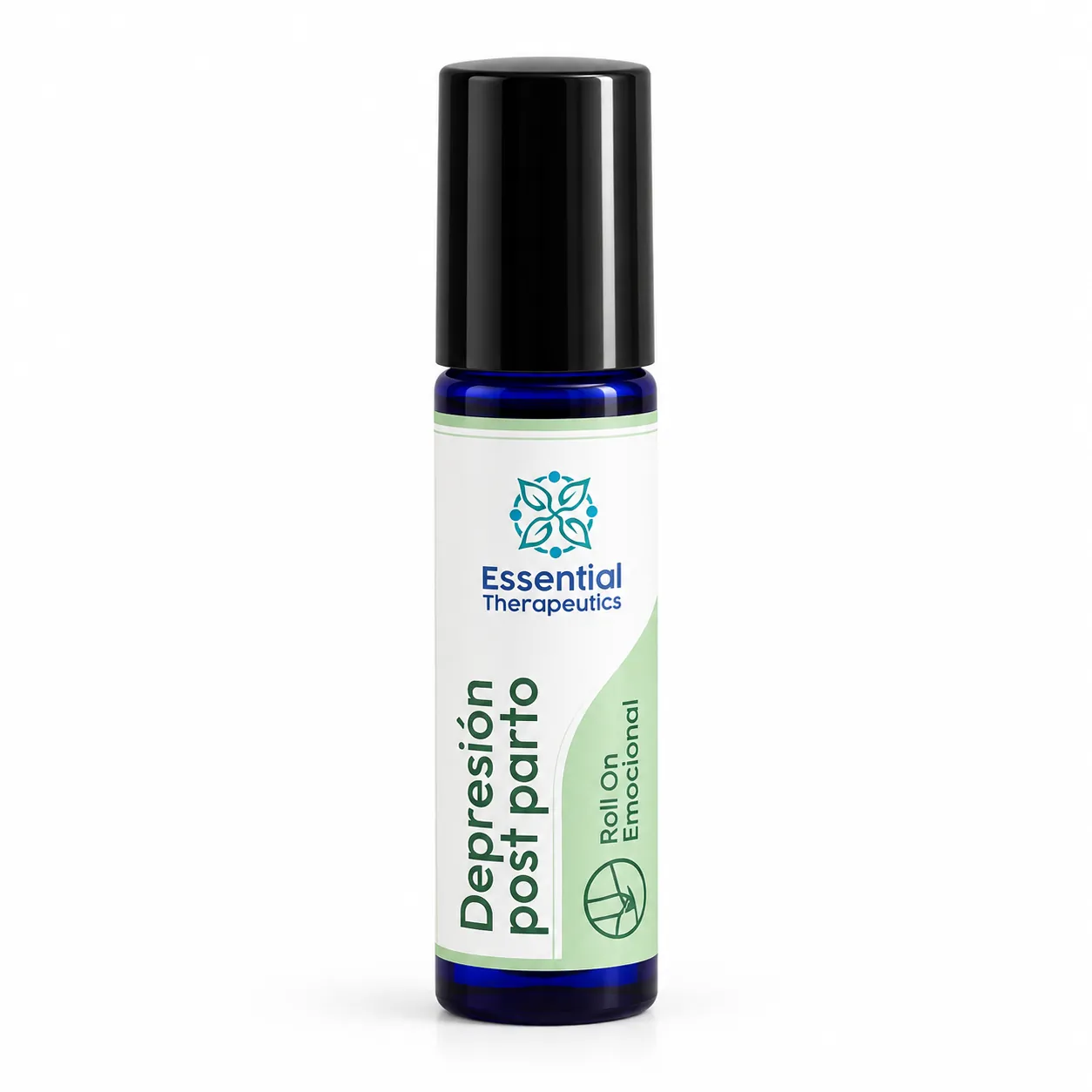 Roll On Emocional Depresión Post Parto de Essential Therapeutics en frasco de vidrio azul con tapa negra y etiqueta blanca y verde.