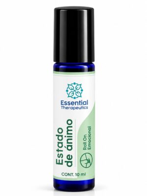 Roll On Estado de Ánimo de Essential Therapeutics de 10 ml en frasco azul oscuro con tapa negra y etiqueta blanca y verde menta.