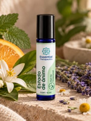 Roll On Estado de Ánimo de Essential Therapeutics de 10 ml ambientado con cítricos, lavanda, flores blancas y hojas verdes sobre piedra natural.