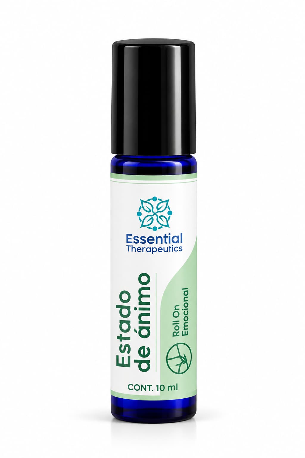 Roll On Estado de Ánimo de Essential Therapeutics de 10 ml en frasco azul oscuro con tapa negra y etiqueta blanca y verde menta.