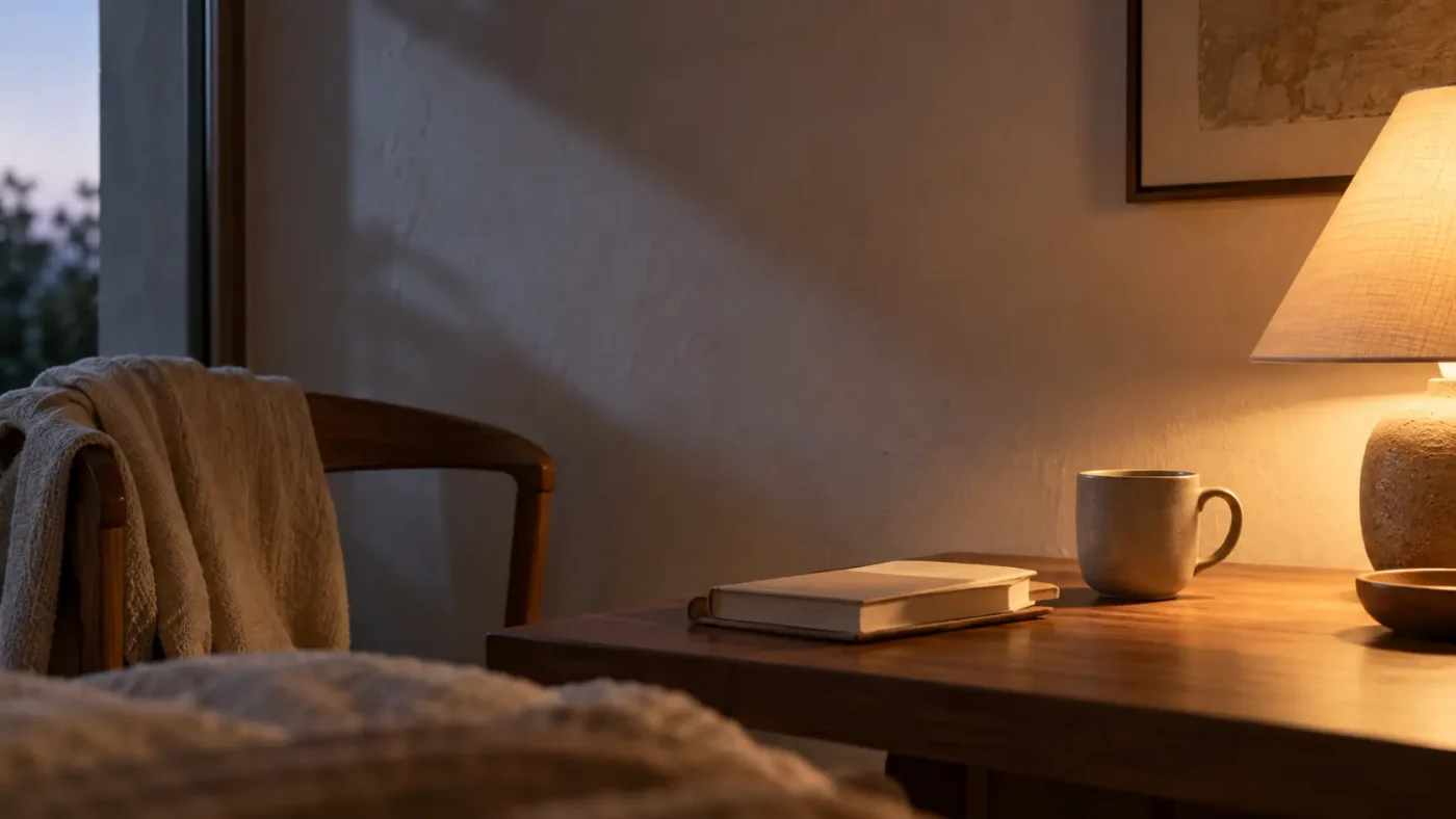 Interior cálido al anochecer, con luz tenue, una mesa de madera y una lámpara encendida.